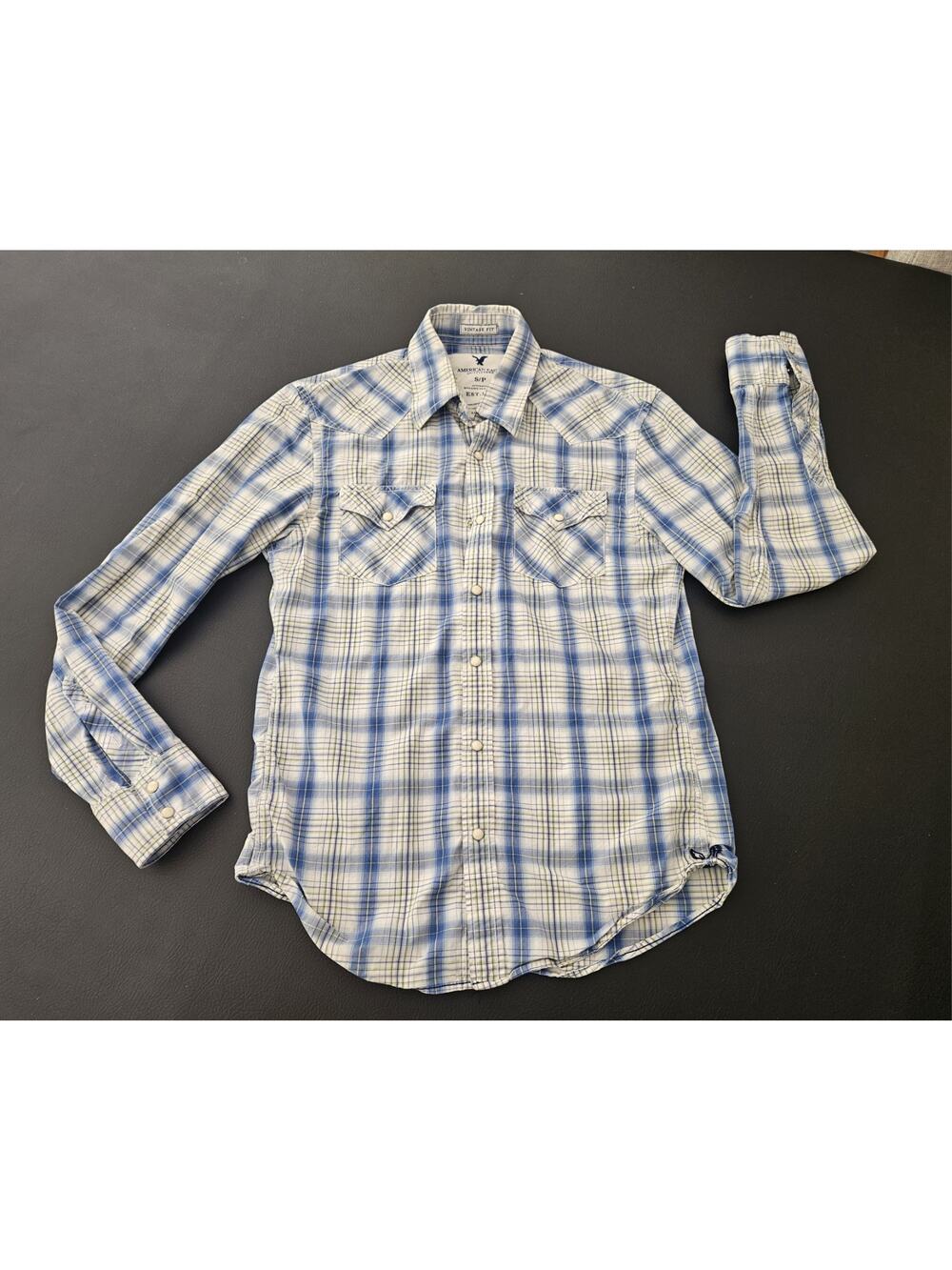 American Eagle Adult Small Beige & Blue Plaid Vintage Fit Snap Button Mens